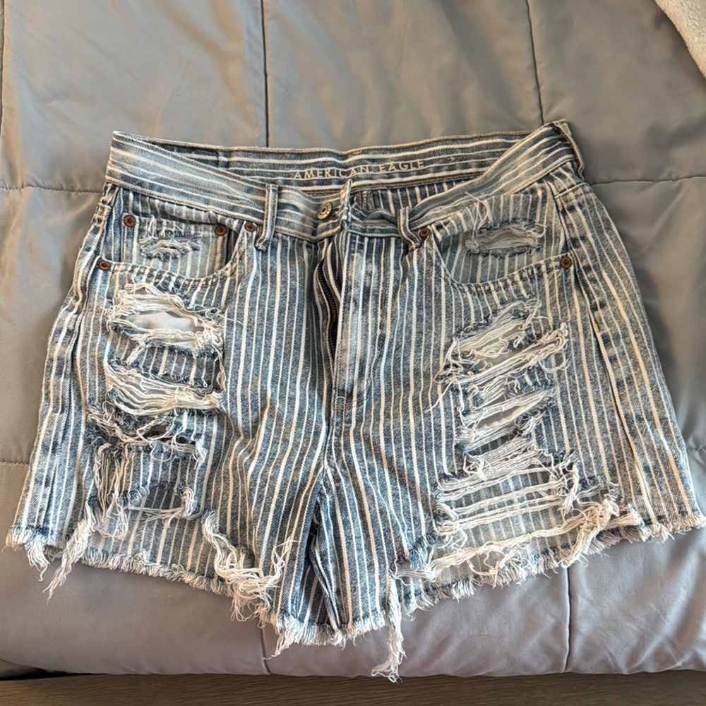 Distressed Blue Striped Denim Shorts
